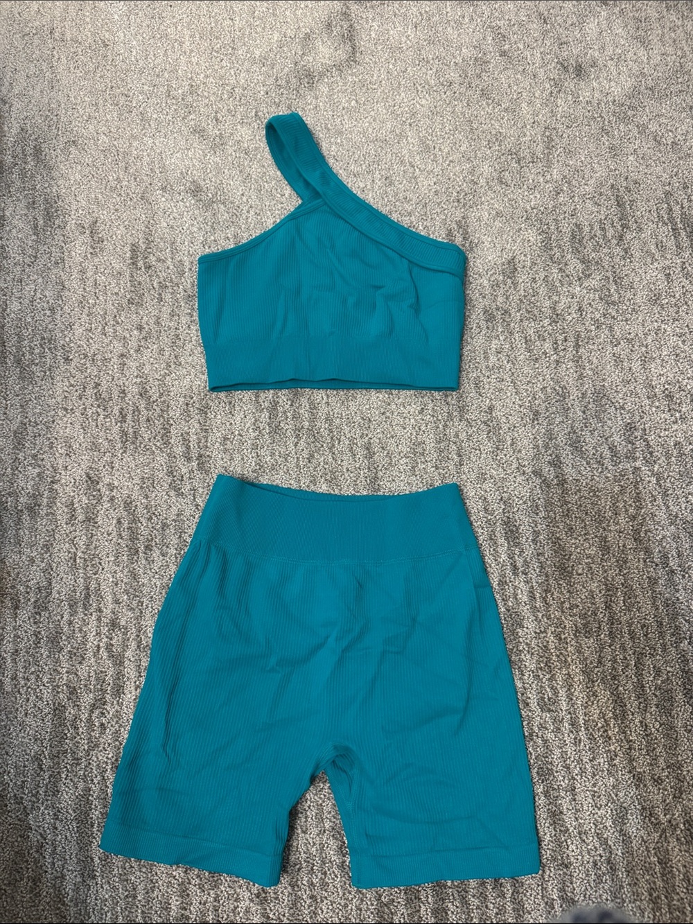 Amazon Teal One-Shoulder Crop Top and High-Waist Biker Shorts Set